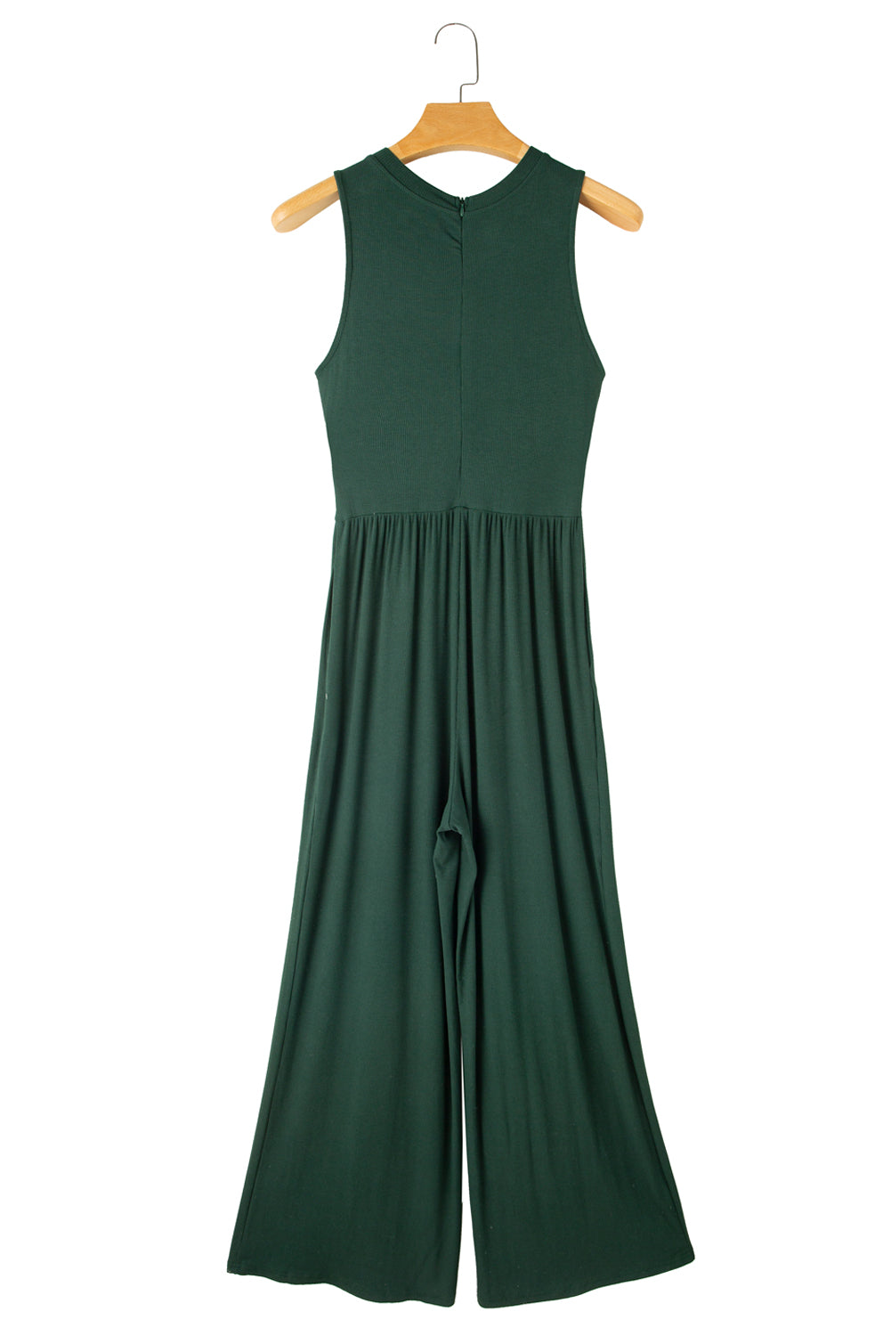 Blackish Green Sleeveless High Waist Wide Leg JumpsuitMaterial:93%Viscose+7%Elastane



		The jumpsuit features a sleeveless design, meaning it does not have sleeves and exposes the arms. 
	
	
		The jumpsuit has a 