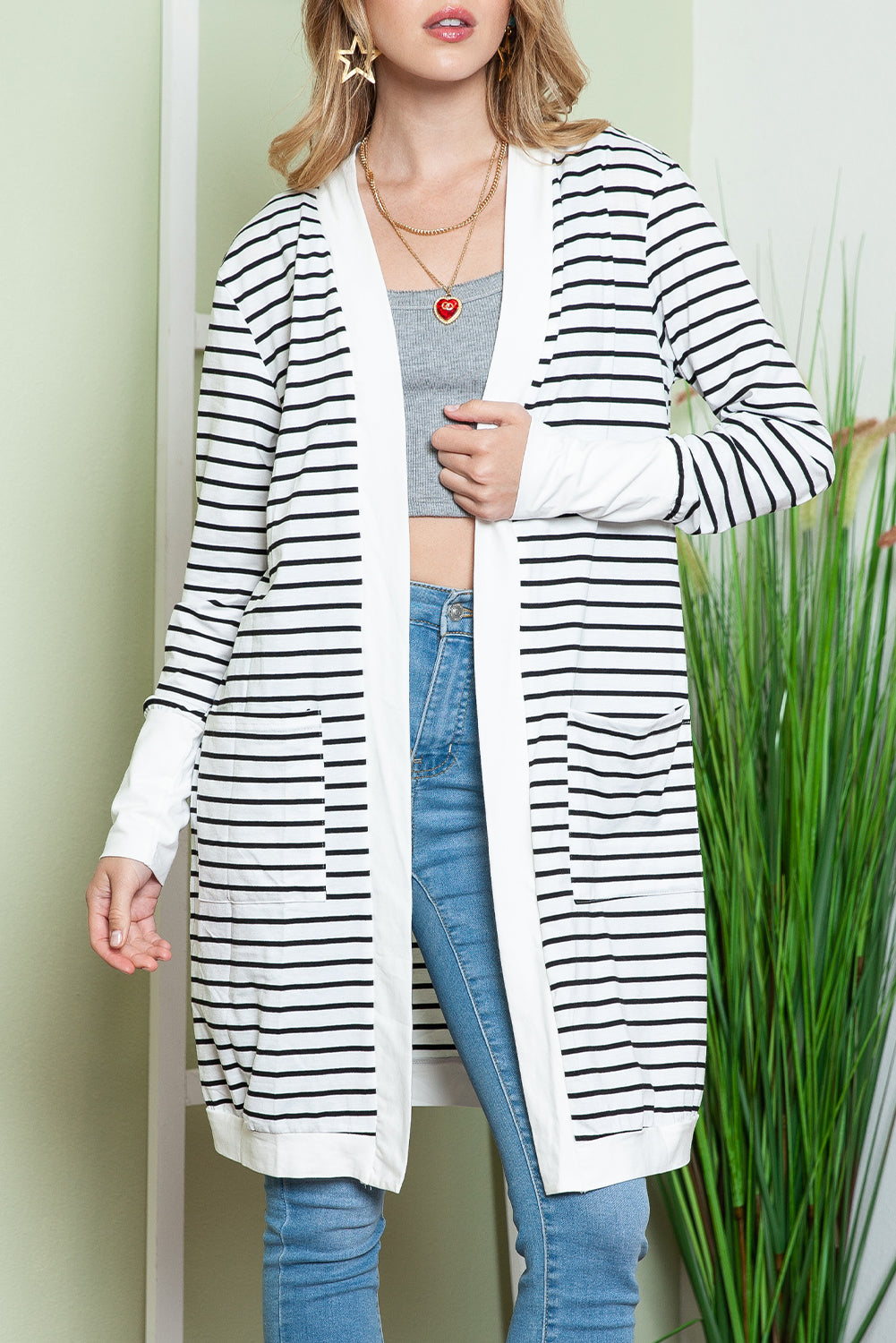 Brown Striped Side Pockets Open Front Long Cardigan