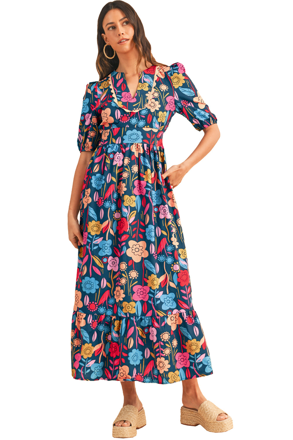 Green Floral Print Split V Neck Puff Sleeve Maxi DressMaterial:100%Cotton



		The dress is made from a soft and breathable fabric, ensuring comfort and a lightweight feel.
	
	
		This maxi dress features a split V 