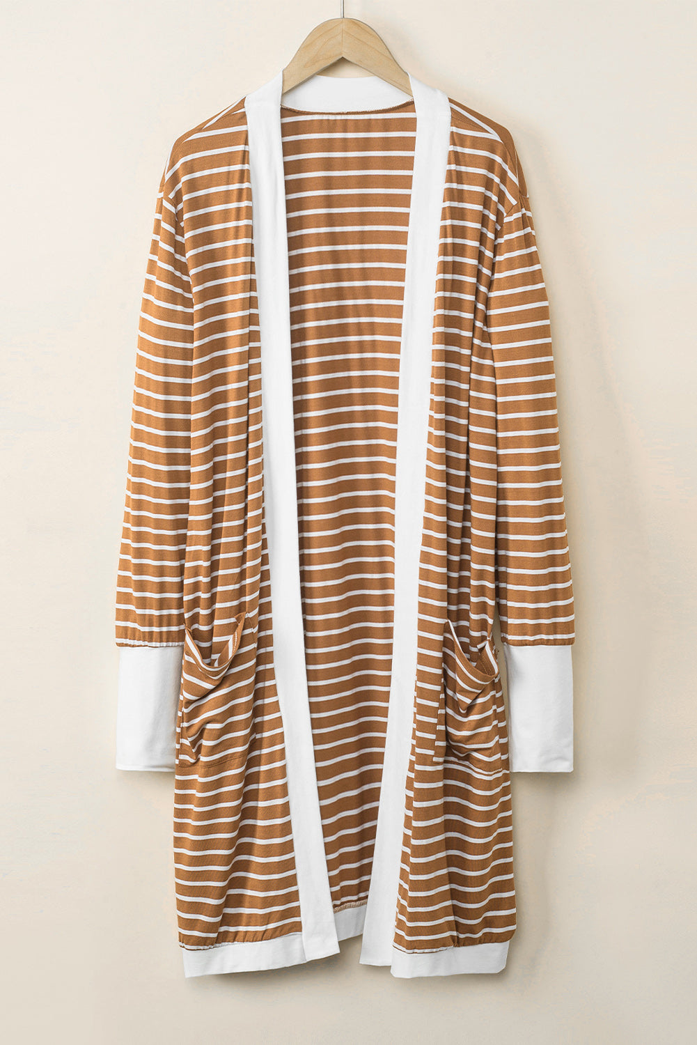 Brown Striped Side Pockets Open Front Long Cardigan