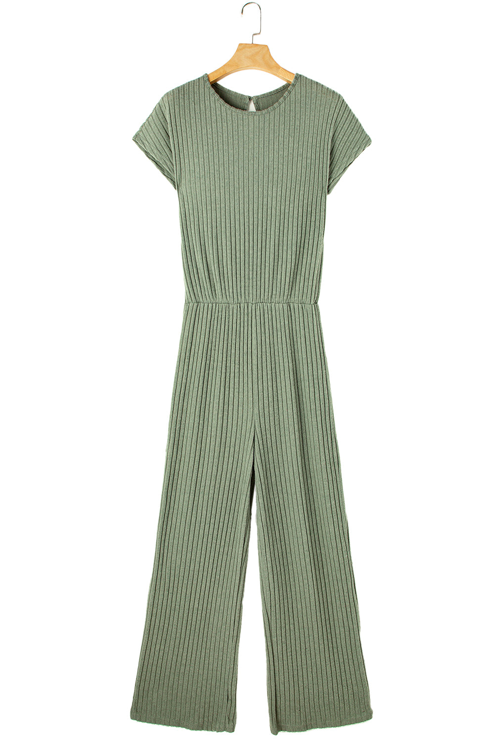 Grass Green Solid Color Ribbed Short Sleeve Wide Leg JumpsuitMaterial:85%Polyester+10%Viscose+5%Elastane



		The jumpsuit is a versatile and trendy one-piece outfit, featuring a solid color design that offers a sleek and mi