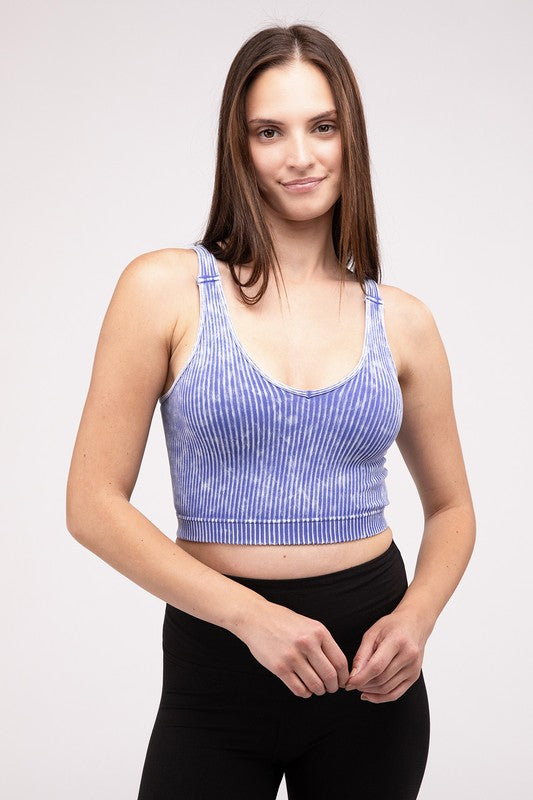 Washed Ribbed Cropped V-Neck Tank TopThe Washed Ribbed Cropped V-Neck Tank Top offers a stylish and comfortable option for your wardrobe. Made from ribbed fabric with a washed finish, it exudes a casual