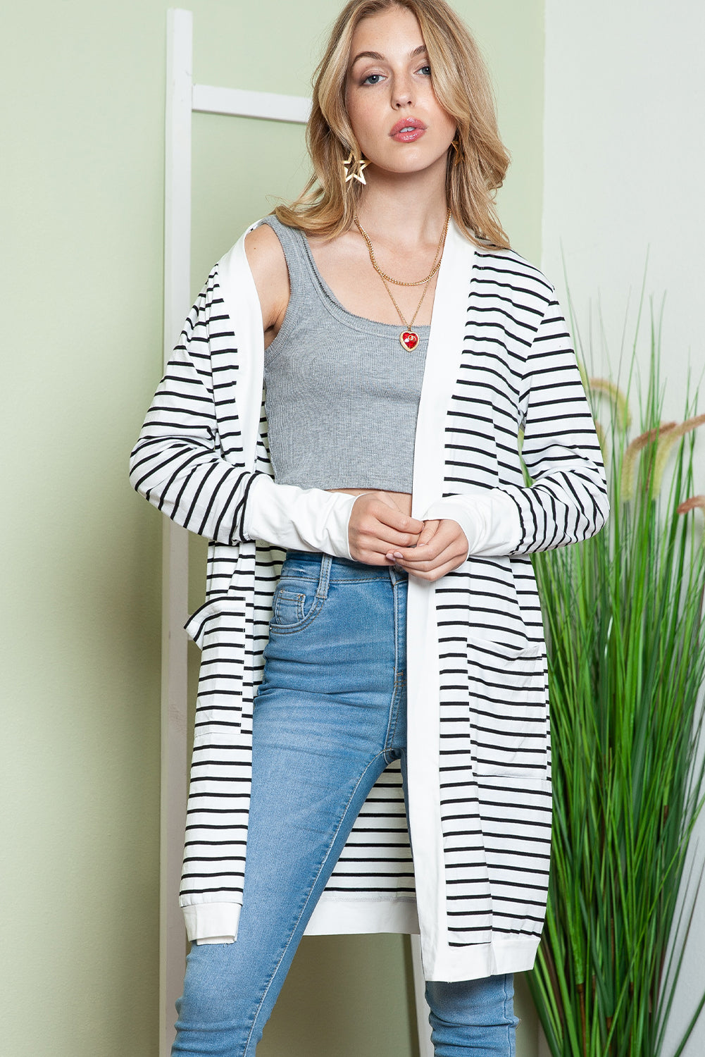 Brown Striped Side Pockets Open Front Long Cardigan