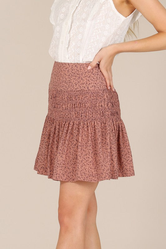 Floral smocked skirt*Floral smocked skirt*Pattern type : floral print*Stretch : no stretch*Sheer : lined, no see through*Care instruction : machine wash cold, only non-chlorine bleach w