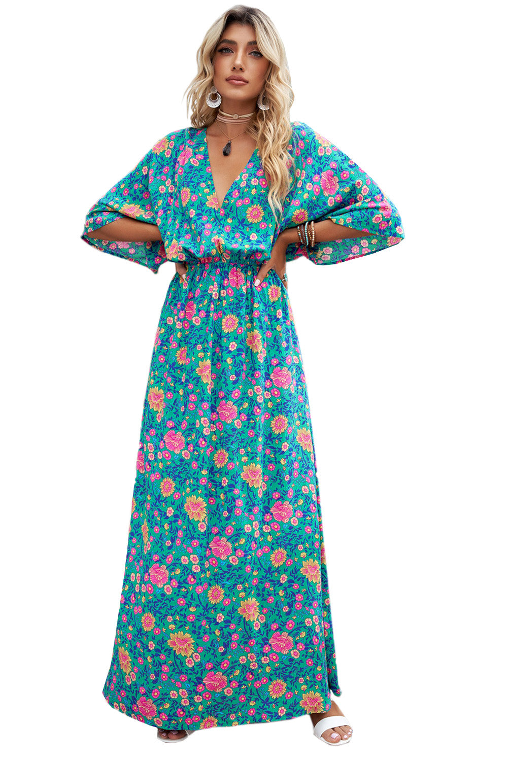 Floral Print Deep V Neck Flutter Sleeve Boho Maxi Dress