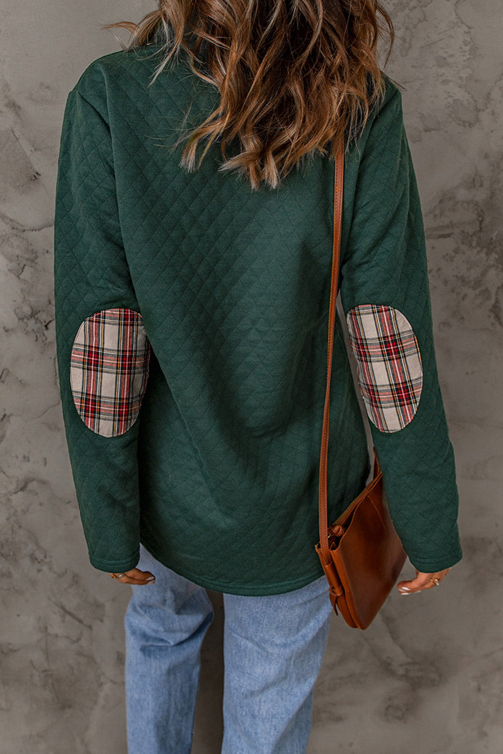 Red Plaid Geometric Texture Trim Button Neck Sweatshirt