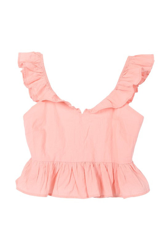 SL ruffled top with flare*Pink open back tie peplum top with ruffle trim*Pattern type : solid*Neck line : round scoop neck*Sleeve length : sleeveless*Stretch : no stretch*Sheer : not lined, 