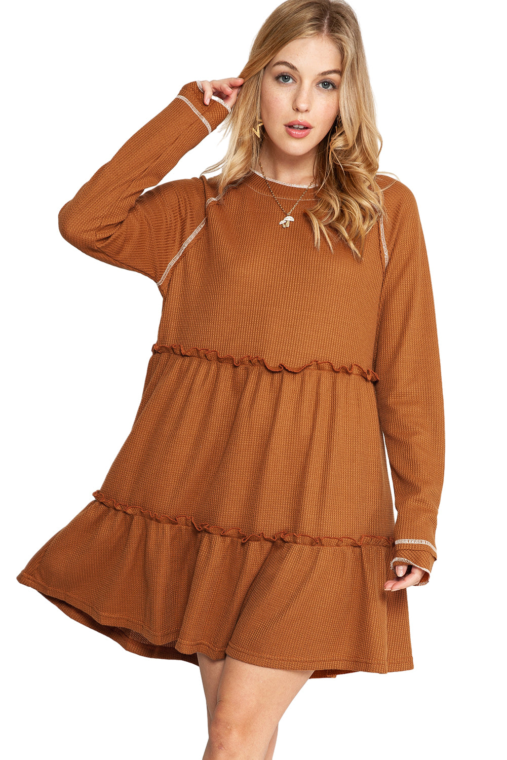 Chestnut Textured Tiered Ruffled Long Sleeve Mini Dress