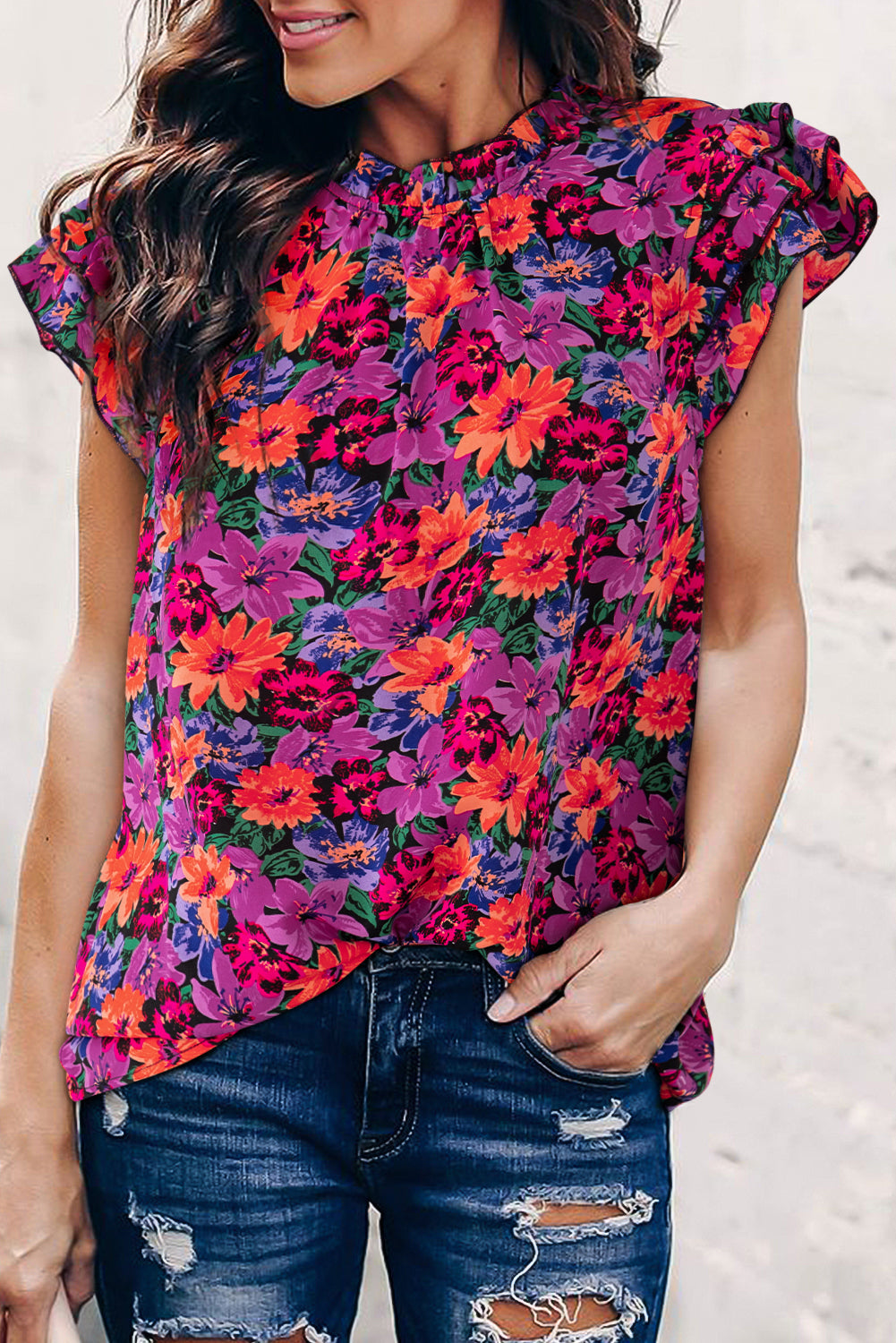 Multicolor Boho Floral Print Ruffle Sleeve BlouseMaterial:100%Polyester



		The blouse features a vibrant and playful boho floral print, adding a touch of color and bohemian charm to your wardrobe.
	
	
		With