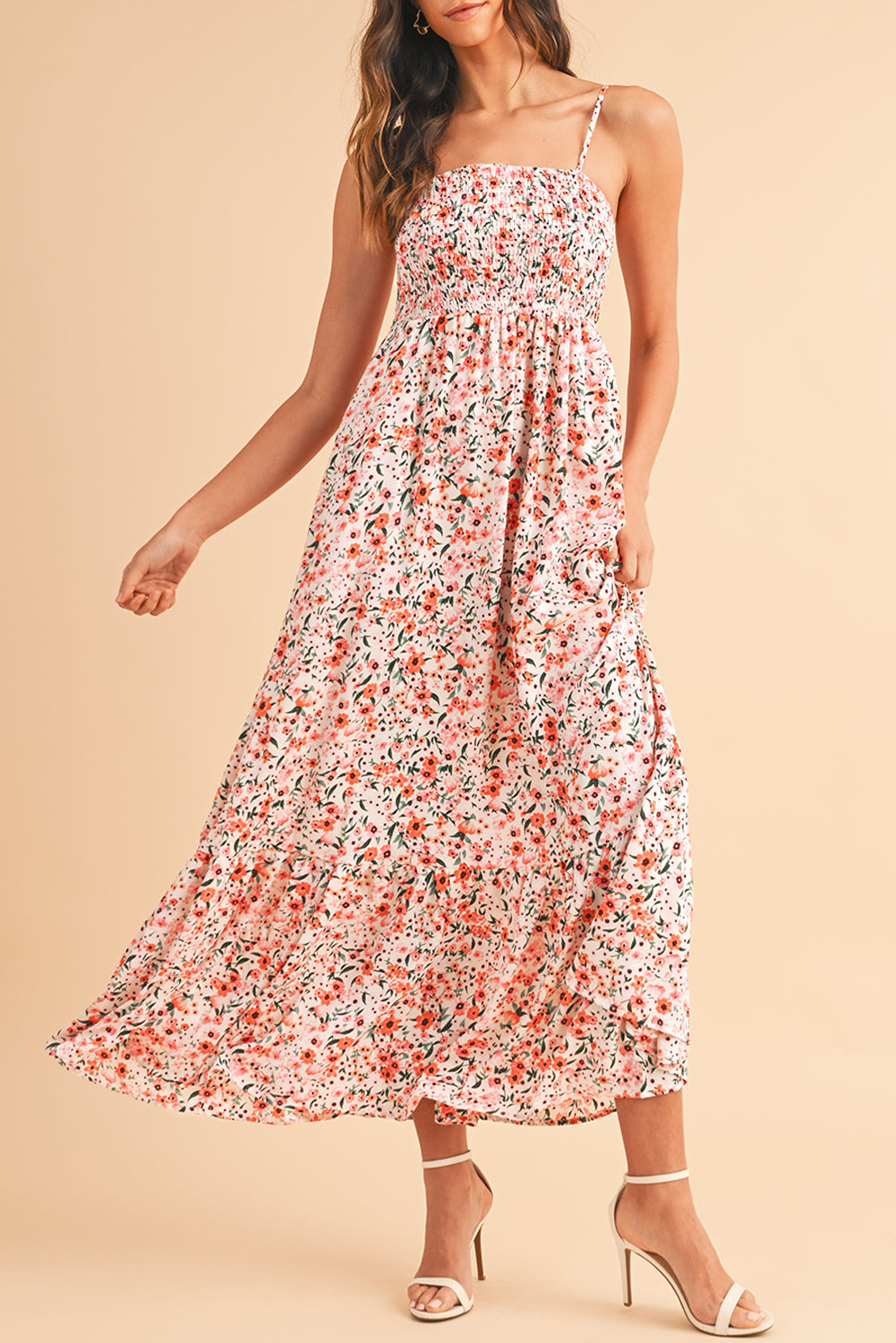 White Boho Floral Self-tie Smocked Ruffle Maxi DressMaterial:100%Polyester


	


		The maxi dress showcases a bohemian-inspired style with its floral print and smocked details, perfect for embracing a romantic and