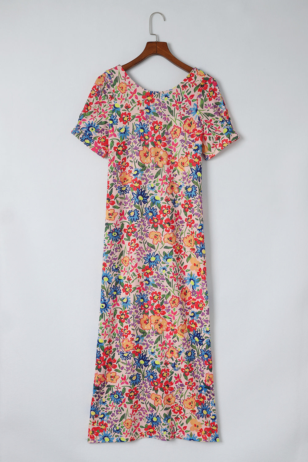 Multicolor Floral Print Ruffle Sleeves Open Back Maxi DressMaterial:95%POLYESTER+5%ELASTANE



		This stunning maxi dress features a colorful floral print that's perfect for summer. 
	
	
		The ruffle sleeves add a playf