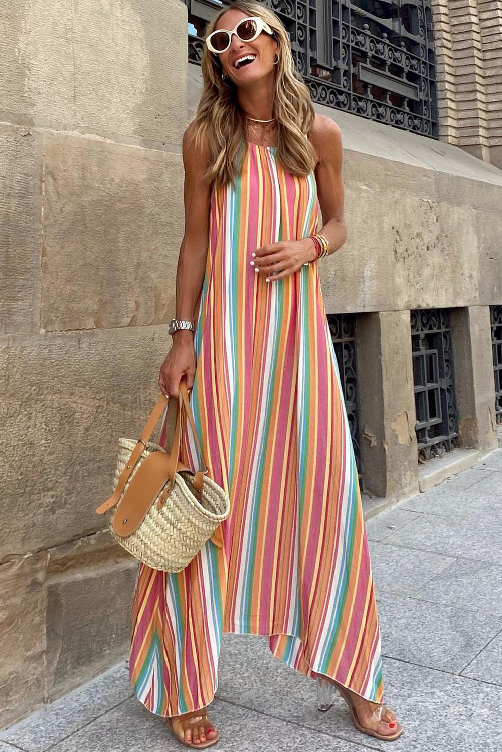 Bohemian Striped Colorblock Spaghetti Strap Sleeveless Maxi DressMaterial:100%Polyester



		•Bold and eye-catching vertical stripes add a trendy touch.
	
	
		•Sleeveless design keeps you cool on hot days.
	
	
		•Boho styl