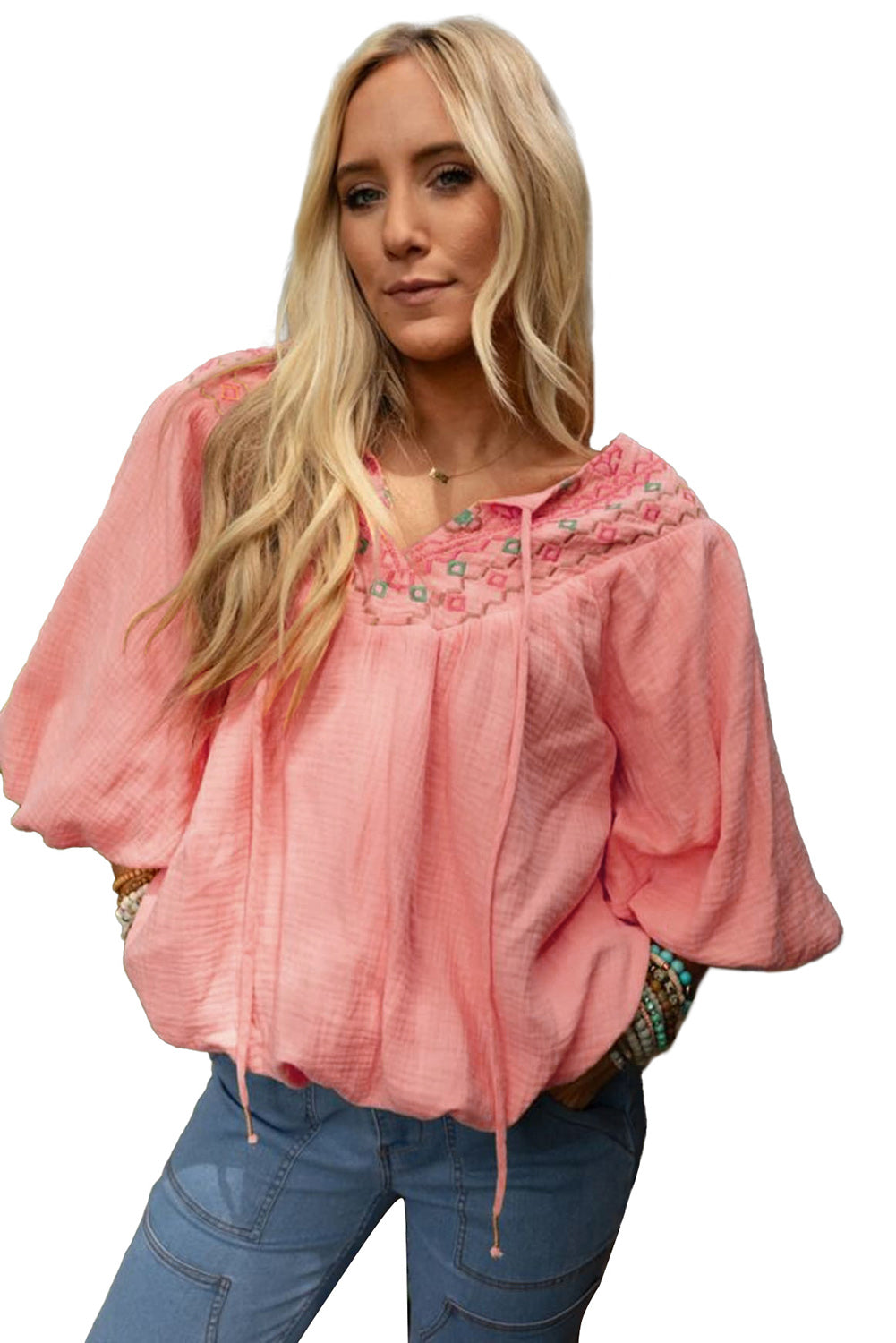 Apricot Pink Geometric Embroidered V Neck Puff Sleeve Blouse