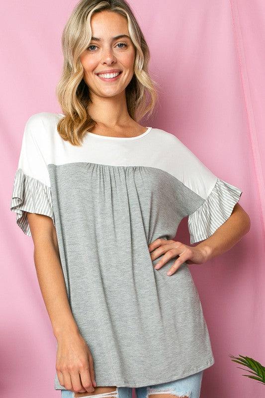 SOLID STRIPE BABY DOLL TOPSOLID AND PIN STRIPE JERSEY MIXED ROUND NECK RUFFLED SHORT SLEEVE BABY DOLL TOP95% RAYON, 5% SPANDEX MADE IN USAS/M/L 2-2-2
Style: Casual
Print / Pattern: SOLID AND 