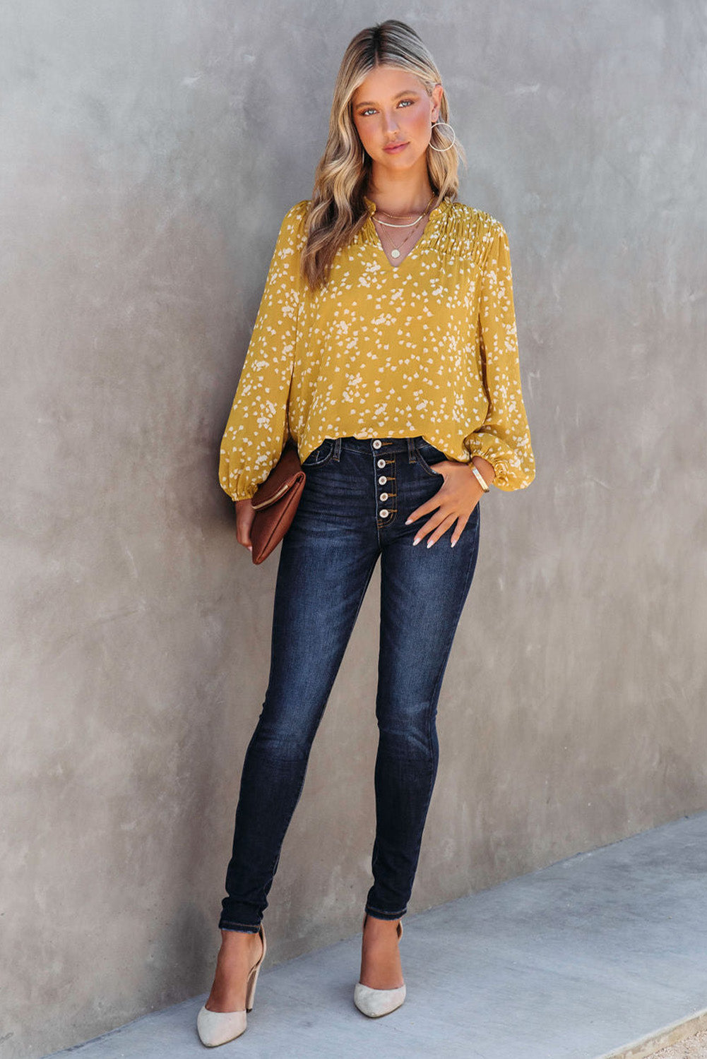 Yellow Frill Split V Neck Boho Crinkled Blouse