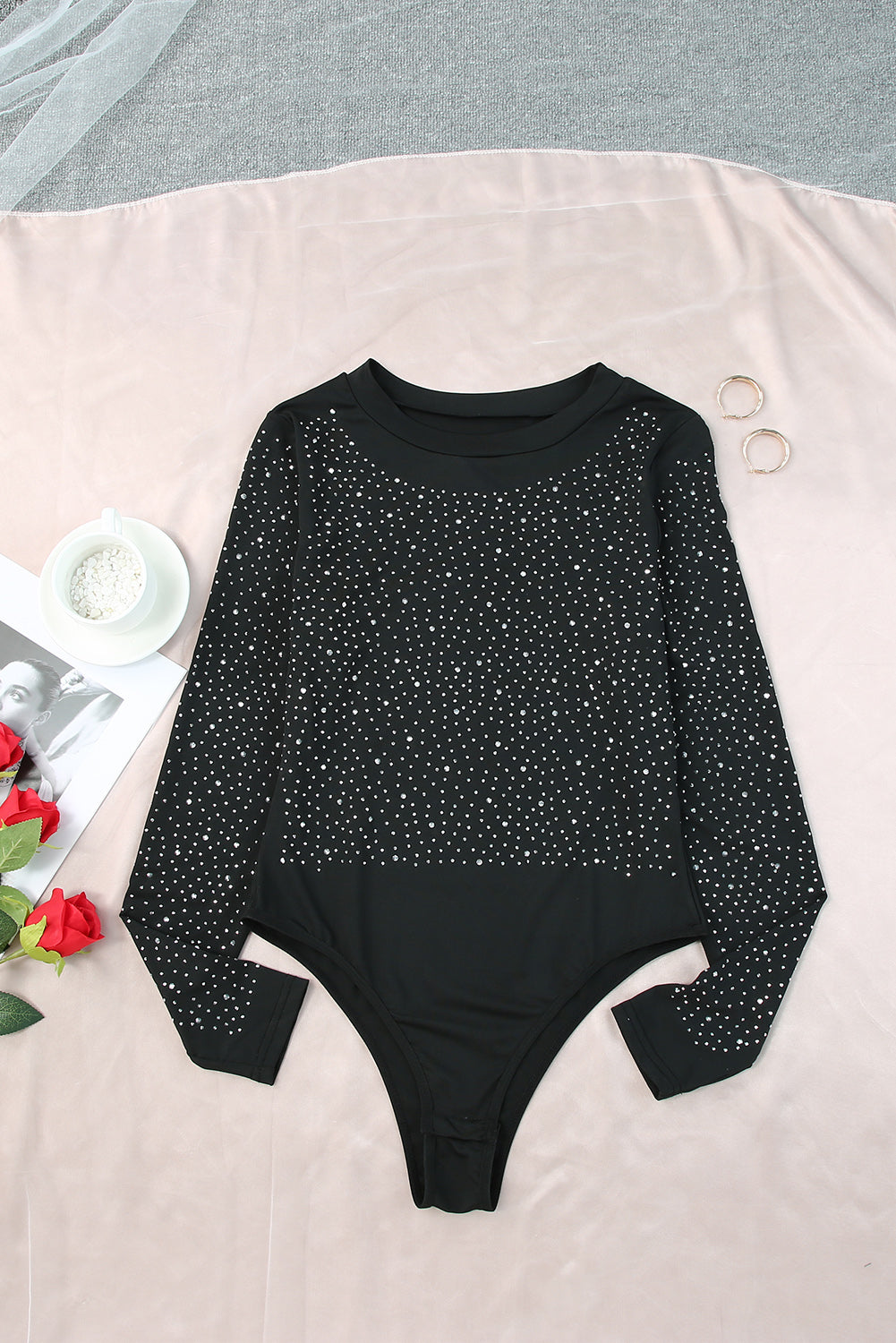 Black Rhinestone Casual Slim Fit Long Sleeve BodysuitMaterial:90%Polyester+10%Elastane



		This rhinestone bodysuit makes you charming and sexy
	
	
		Suitable for holidays, travel, beach, party, cocktail, and nig