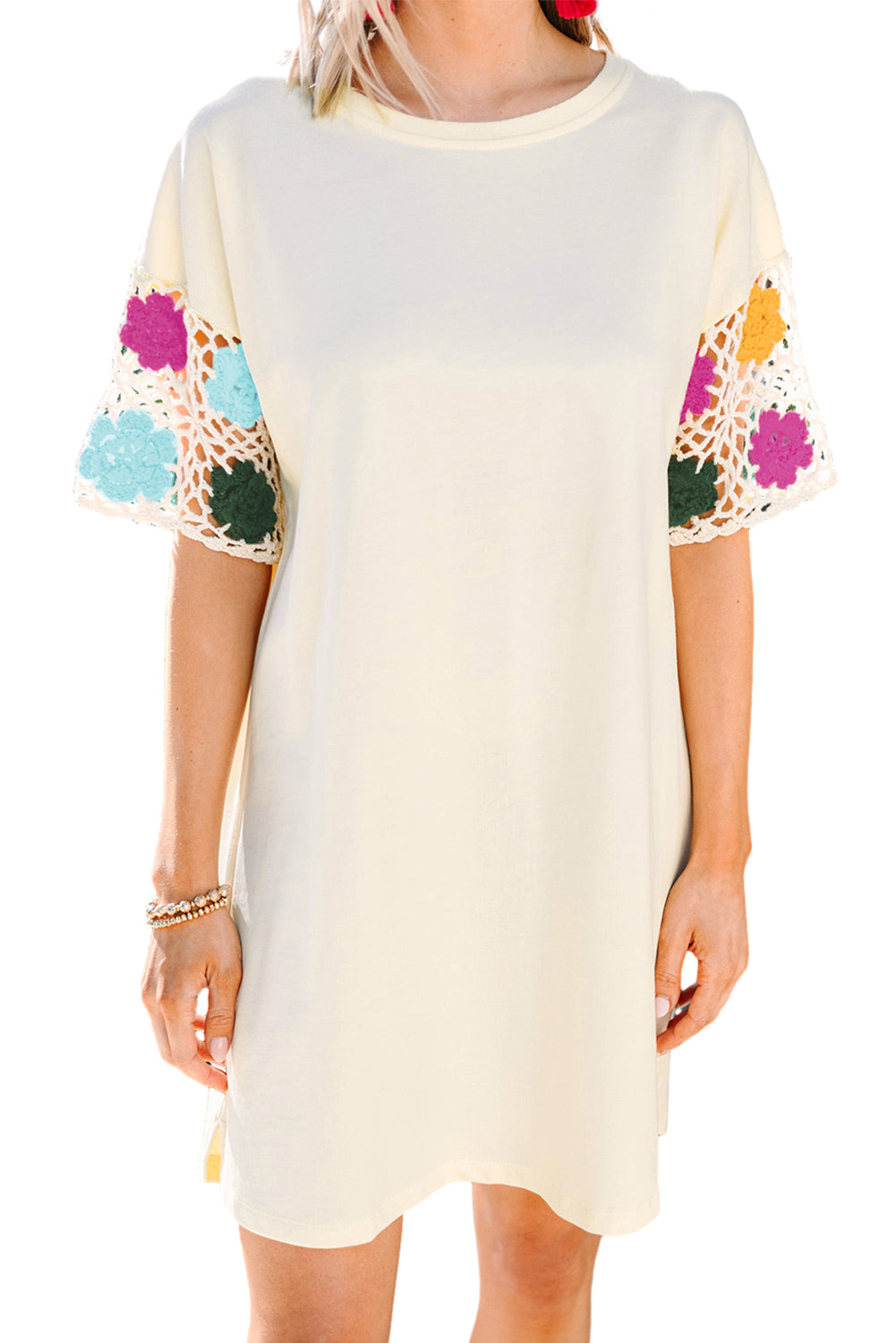 White Floral Crochet Splicing Sleeve T-shirt Dress