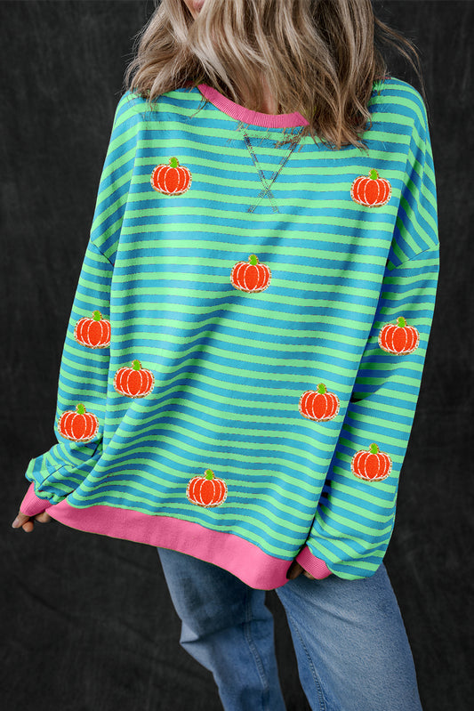 Sky Blue Stripe Glitter Halloween Pumpkin Print Oversized SweatshirtMaterial:95%Cotton+5%Elastane

• Elevate your Halloween style with our Sky Blue Stripe Glitter Pumpkin Print Sweatshirt, featuring a whimsical design perfect for th