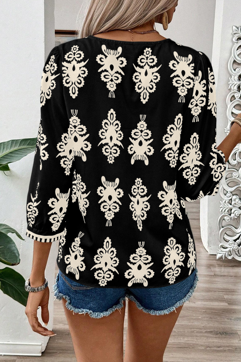 Beige Ethnic Abstract Print Puff Sleeve V Neck Blouse