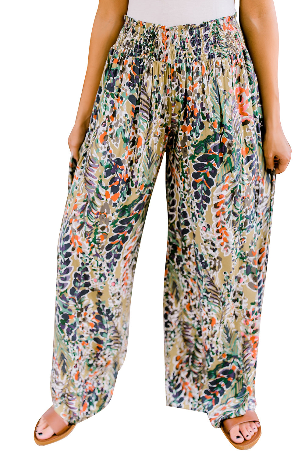 Multicolor Abstract Print Shirred High Waist Wide Leg PantsMaterial:100%Viscose



		The pants feature a vibrant and colorful floral print, adding a lively touch to your wardrobe.
	
	
		Made of soft and lightweight fabr