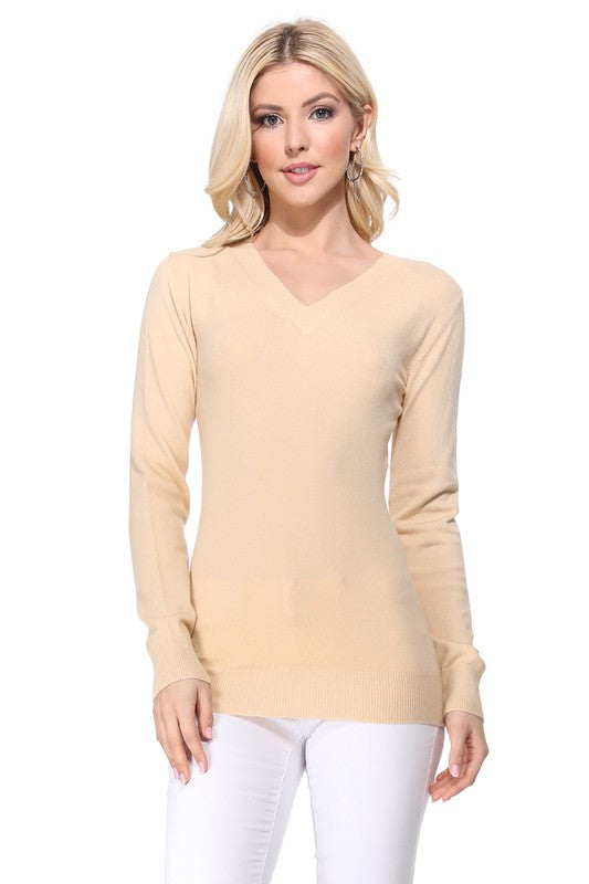 Women's Long Sleeve V-Neck Pulll Over Sweater Top- 25"-26.5" Length, V-Neck, Long Sleeve, Casual, Basic, and Classic Viscose Knitted Pullover Sweater- Lightweight Knit Pullover Sweater with High Quality Soft Viscos