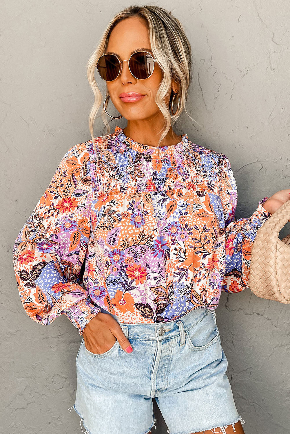 Multicolor Boho Floral Print Bishop Sleeve Smocked Blouse