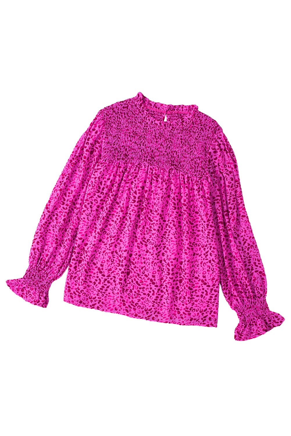 Rose Leopard Shirred Puff Sleeve Flowy BlouseMaterial:100%Polyester



		The blouse has a flowy silhouette, meaning it is loose and relaxed, draping away from the body. 
	
	
		The flowy silhouette of the b