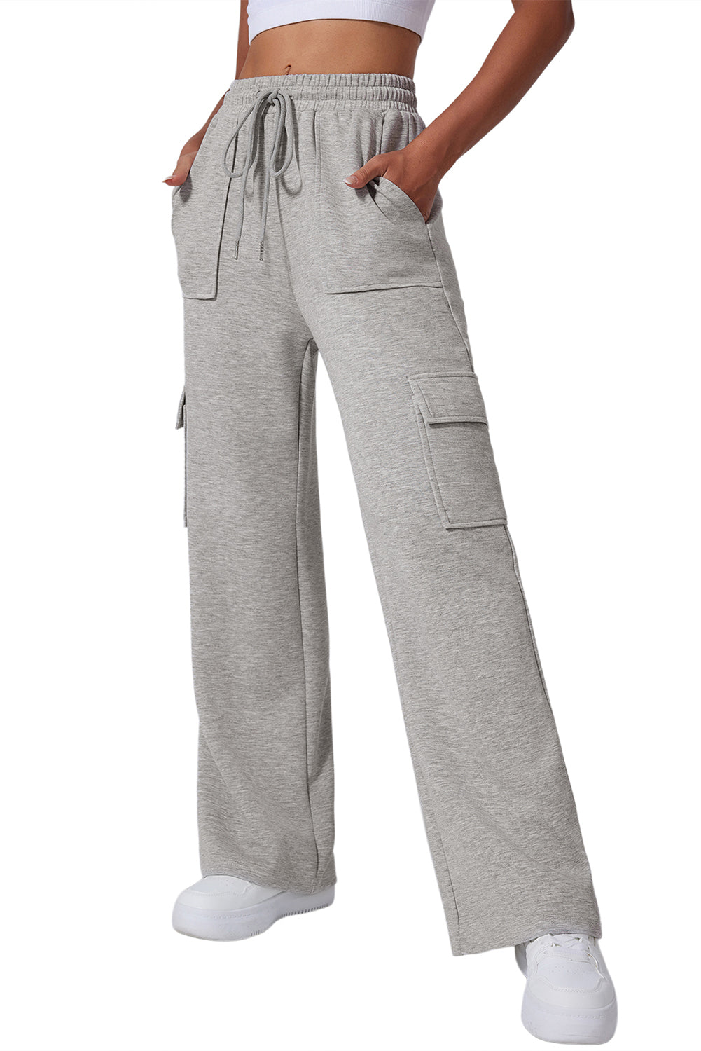 Light Grey Multi Pockets Lace Up High Waist Wide Leg Workout PantsMaterial:50%Polyester+45%Viscose+5%Elastane

• Crafted in a trendy light grey hue, these workout pants feature a lace-up design at the waist for a secure fit during