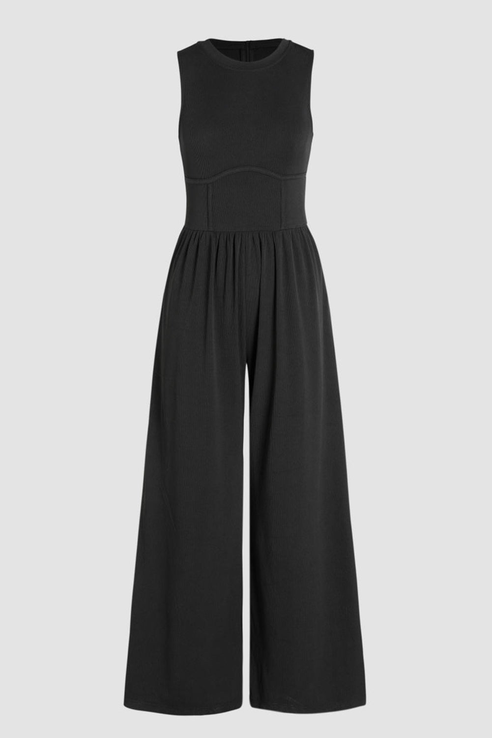 Blackish Green Sleeveless High Waist Wide Leg JumpsuitMaterial:93%Viscose+7%Elastane



		The jumpsuit features a sleeveless design, meaning it does not have sleeves and exposes the arms. 
	
	
		The jumpsuit has a 