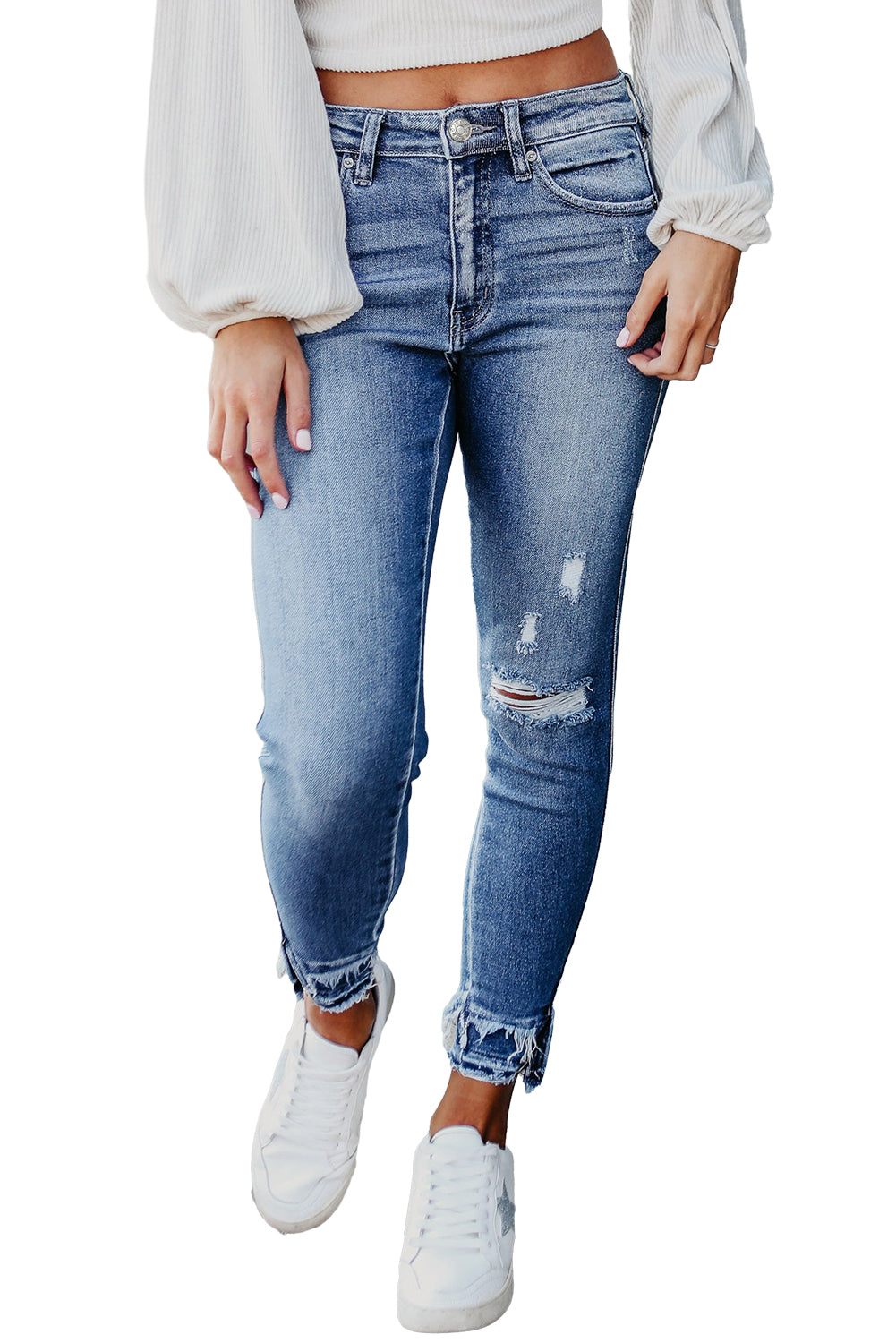 Light Blue Distressed Hem Cropped Skinny JeansMaterial:66%Cotton+27%Polyester+6%Lyocell+1%Elastane



		The ankle skinny jeans feature stylish ripped details, adding a trendy and edgy touch to the overall look