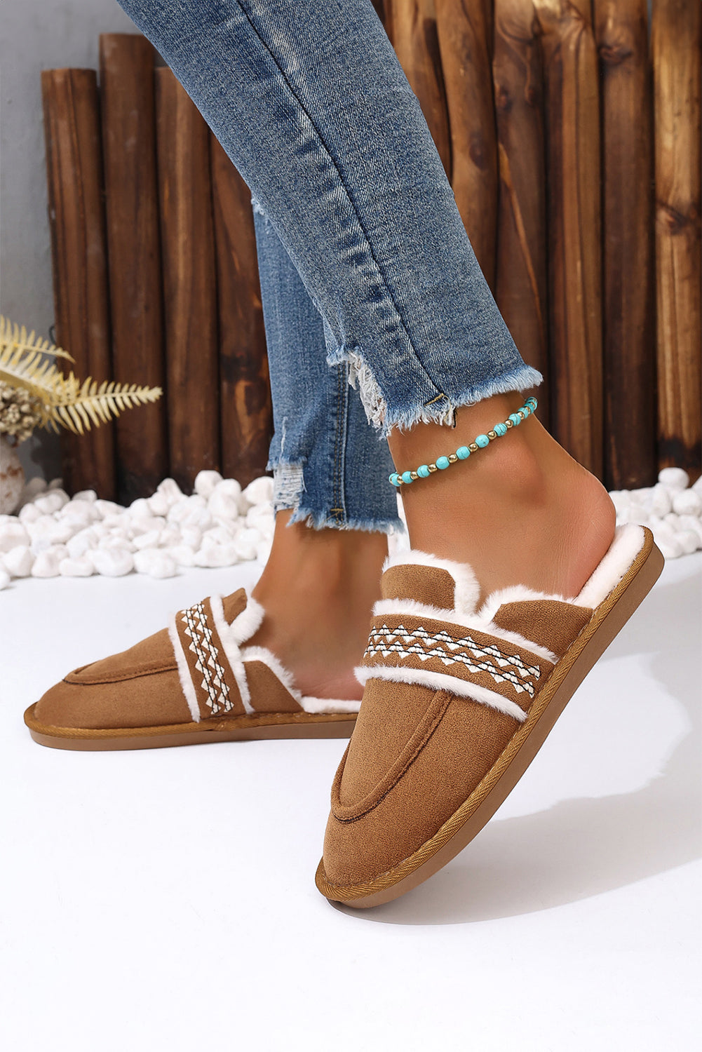 Chestnut Suede Wavy Striped Plush Lined Home SlippersThe plush lining ensures ultimate comfort and warmth during chilly evenings.
	
	
		Slip-on style for convenience and ease of wear, perfect for lounging around the