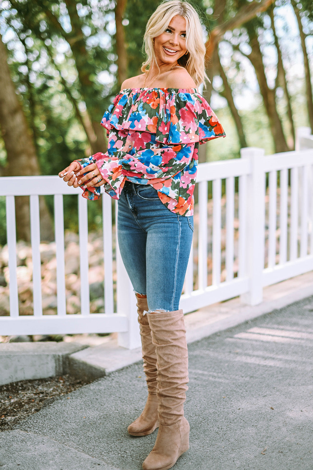 Multicolor Bohemian Floral Print Shirred Ruffle Off Shoulder BlouseMaterial:100%Polyester


	

			This floral print blouse is perfect to change a stylish summer look
		
		
			Featured with off-shoulder, puffy sleeve, and flora