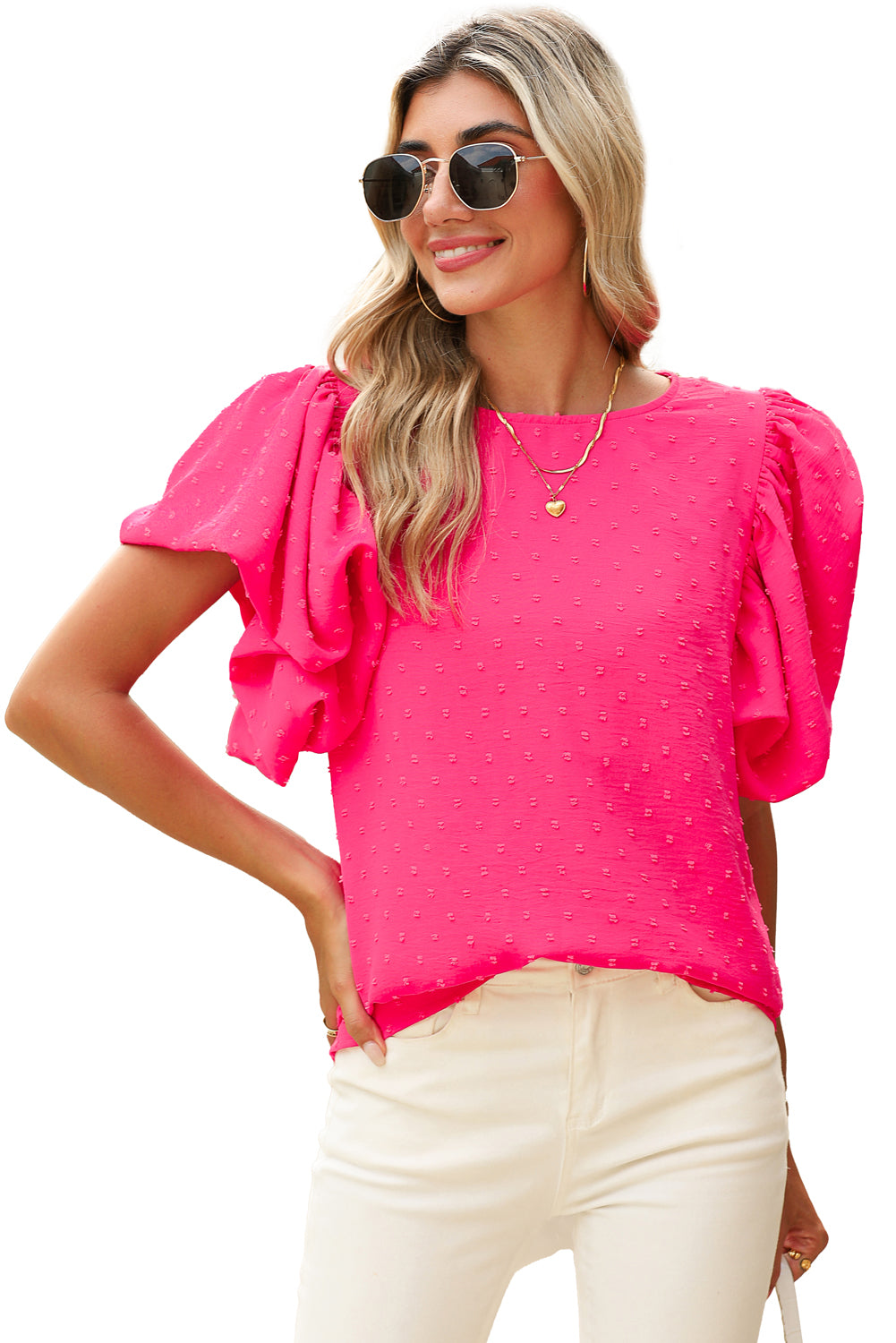 Rose Red Ruffle Sleeve Swiss Dot BlouseMaterial:100%Polyester



		The blouse is a charming and feminine top that features a solid-colored fabric with delicate Swiss dot texture and ruffle sleeves, addi