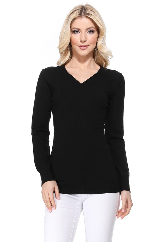 Women's Long Sleeve V-Neck Pulll Over Sweater Top- 25"-26.5" Length, V-Neck, Long Sleeve, Casual, Basic, and Classic Viscose Knitted Pullover Sweater- Lightweight Knit Pullover Sweater with High Quality Soft Viscos