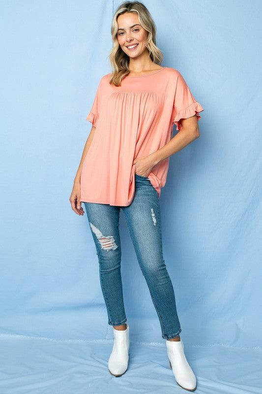 PLUS SOLID RUFFLED SL BABY DOLL TOPPLUS SOLID JERSEY ROUND NECK RUFFLED SHORT SLEEVE BABY DOLL TOP95% RAYON, 5% SPANDEX MADE IN USA1X/2X/3X 2-2-2
Style: Casual
Print / Pattern: SOLID
Fit: Loose
Neck L