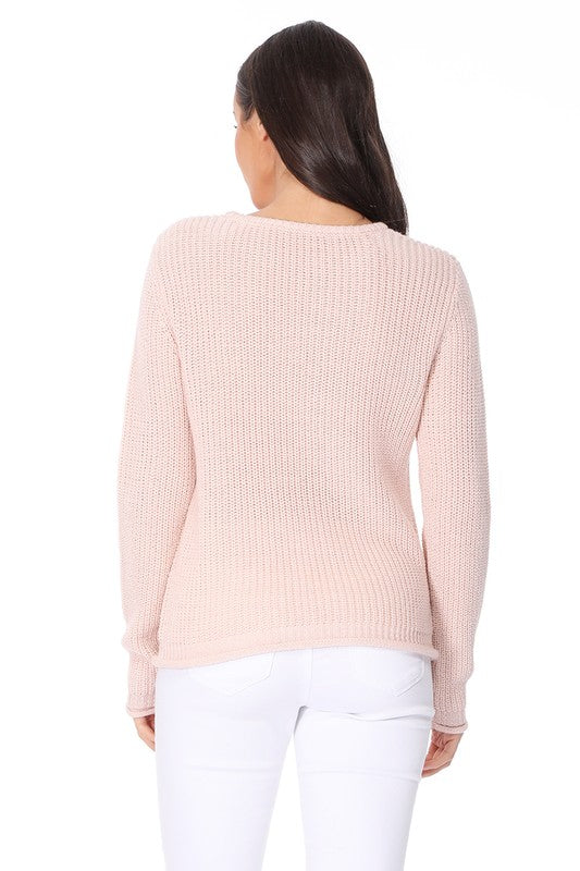 Light Weight Waffle Knit Rollup Finish Sweater Top- 22-24" Length, Wide Hem.- Light Weight, Hacci Stitch Sweater Top- Long Sleeve, and Clean Rolling Finish at Sleeve and Bottom Hem- Wonderful Light Sweater Top for S