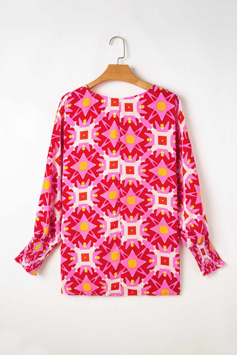 Strawberry Pink Abstract Print Shirred Cuff Loose Blouse