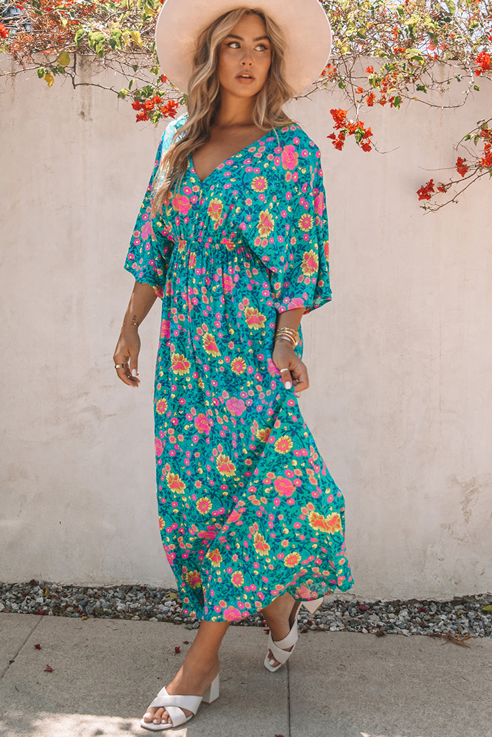 Floral Print Deep V Neck Flutter Sleeve Boho Maxi Dress