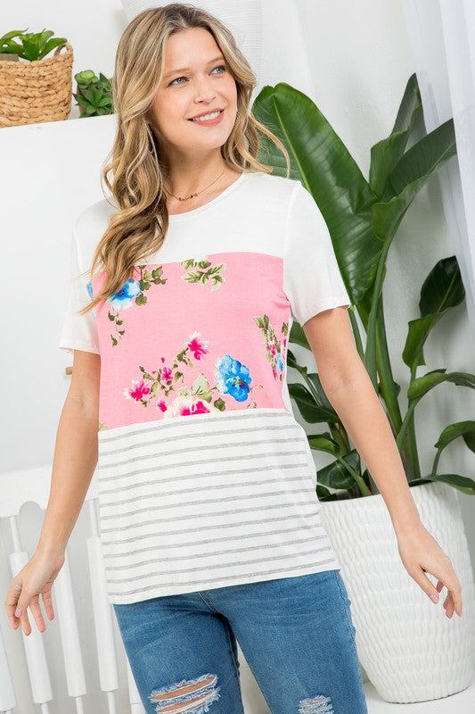 PLUS FLORAL STRIPE MIXED TOP- Plus floral stripe mixed top- Round neck short sleeves- Floral print stripe solid mixed jersey- 1X/2X/3X 2-2-2- 95% RAYON, 5% SPANDEX- MADE IN USA
Style: Casual
Pr