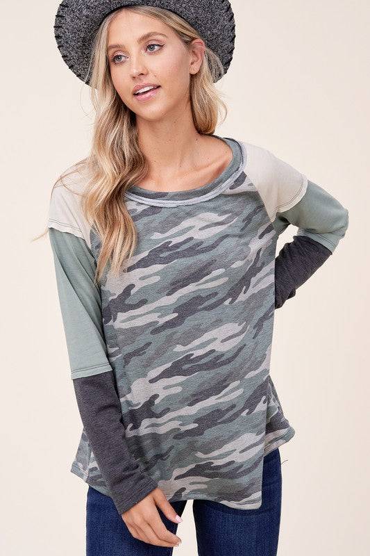 CAMOUFLAGE COLOR BLOCK TOPFRENCH TERRY CAMOUFLAGE PRINT AND SOLID COLOR BLOCKED LONG SLEEVE ROUND NECK RAW EDGE DETAIL TOP - MADE IN U.S.A.
Style: Casual
Print / Pattern: CAMOUFLAGE PRINT &am