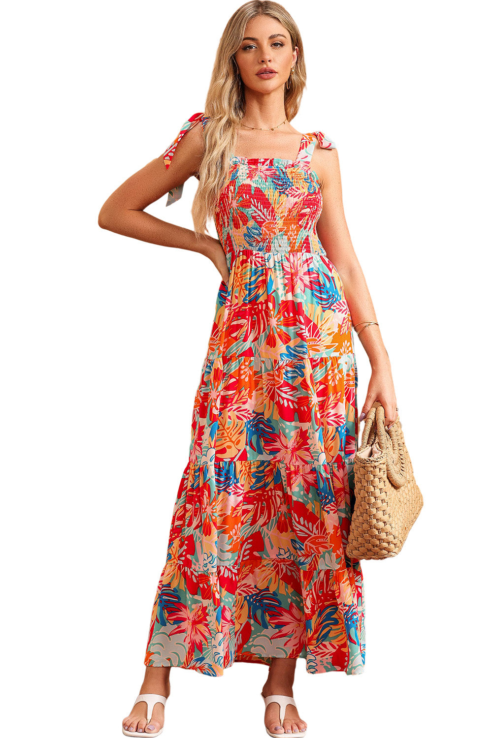 Multicolor Boho Tropical Print Smocked Ruffle Tiered Maxi DressMaterial:100%Polyester



		•The tiered design of the dress adds volume, creating a flowy and feminine look.
	
	
		•Smocked bodice and tie shoulder straps give 