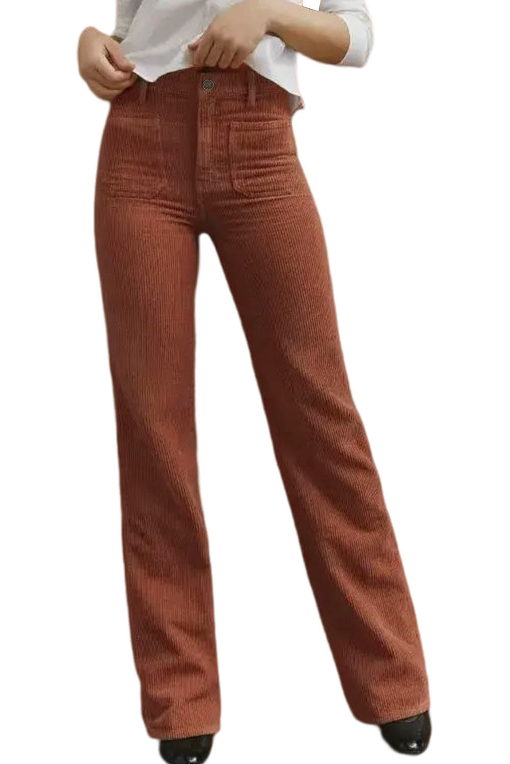 Brown High Waist Pockets Corduroy Flare Leg PantsMaterial:95%POLYESTER+5%ELASTANE



		Designed for daily and casual occasions, these pants are popular among ladies
	
	
		Square pockets at the front add a touc