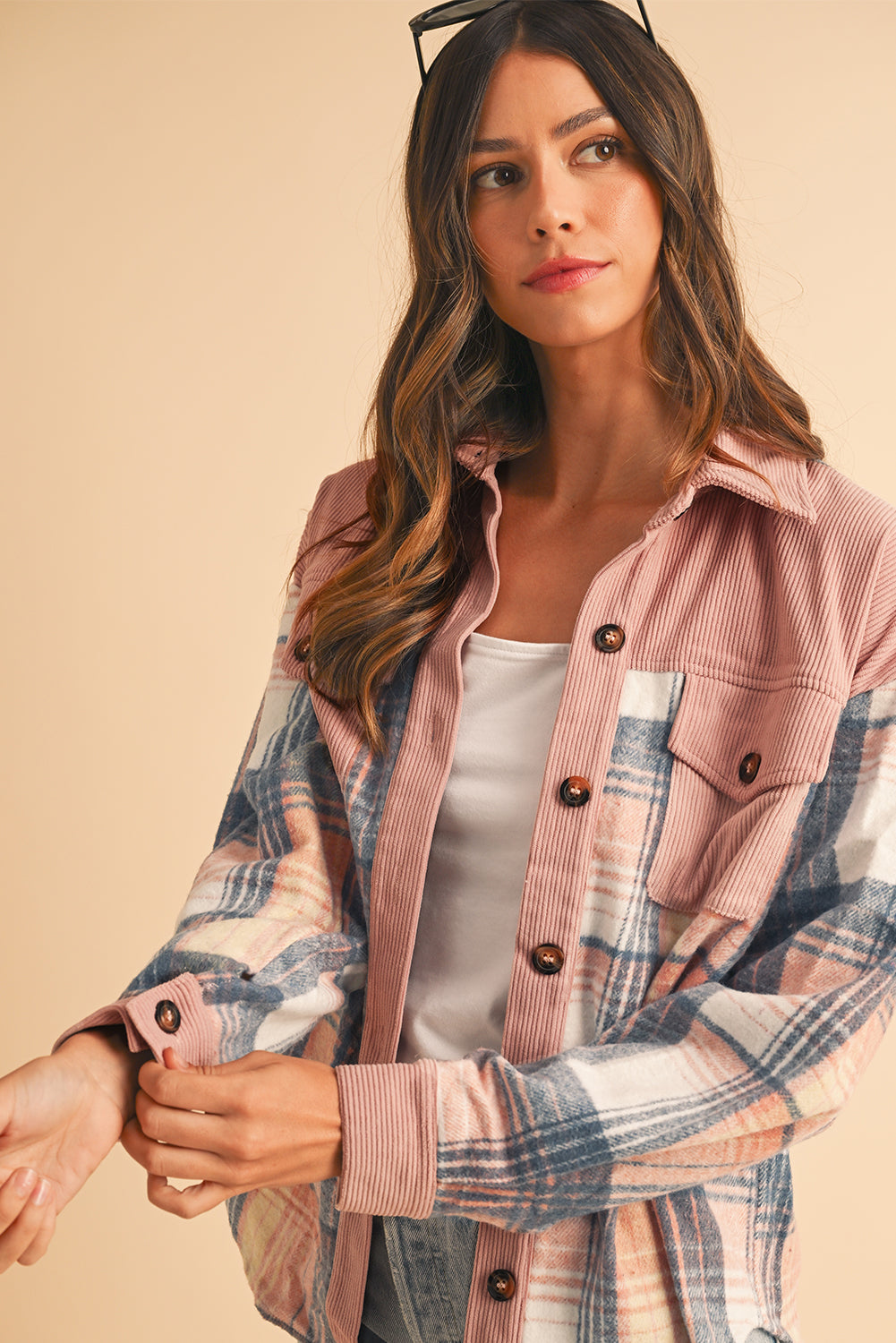 Light Pink Plaid Corduroy Patchwork Pocket Loose Shacket