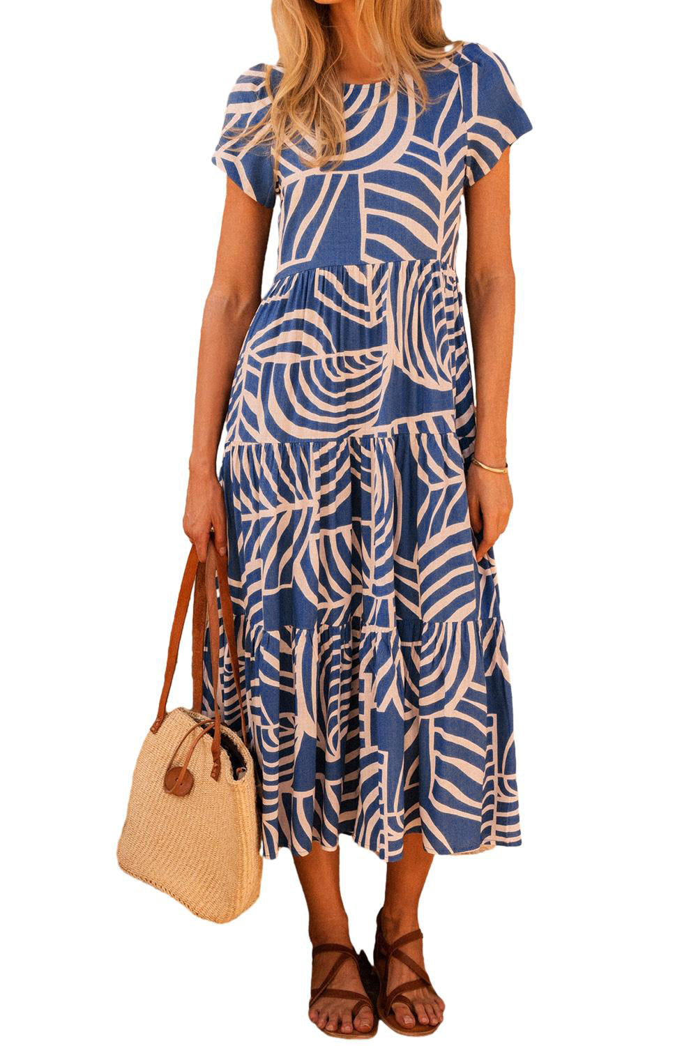 Sky Blue Boho Abstract Print Short Sleeve Flare Tiered DressMaterial:100%Polyester



		The tiered dress showcases a bohemian-inspired design with an abstract print, short sleeves, and tiered flare silhouette for a free-spi