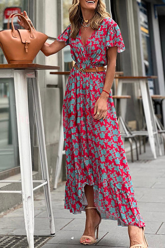 Red V Neck Flutter Sleeve Floral Print Ruffled Maxi DressMaterial:100%Viscose

• Radiate elegance in the vibrant red V-neck flutter sleeve maxi dress, adorned with a charming floral print for a touch of femininity.
• The