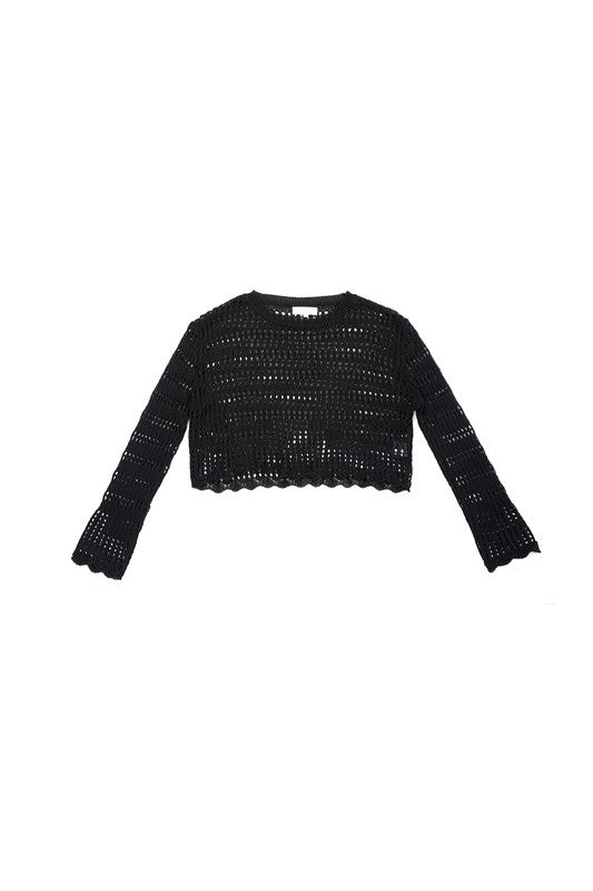 Mesh knit crop- Mesh knit crop- Pattern type : solid- Neck line : boat neck- Sleeve type : regular sleeves- Sleeve length : long sleeves- Stretch : stretch- Sheer : sheer due to l