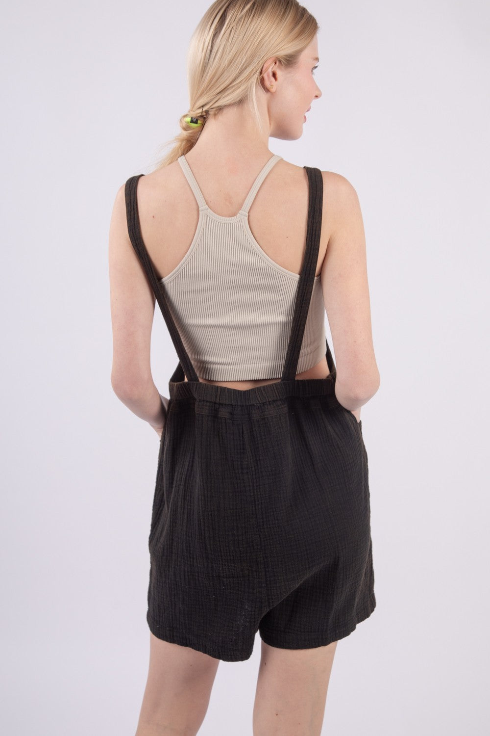 VERY J Sleeveless Double Gauze Overalls with PocketsStay cool and comfortable in this sleeveless double gauze overall romper with pockets made from skin-friendly summer cotton. Featuring a square neckline and open bac