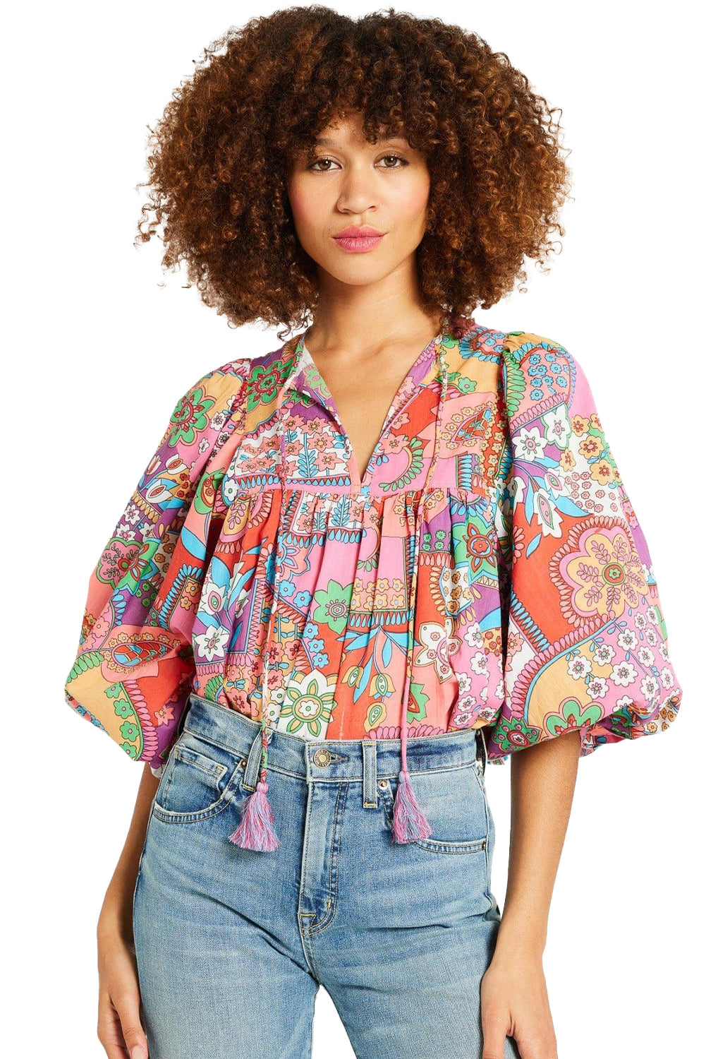 Multicolour Boho Floral Tie V Neck Pleated Blouse• Embrace a vibrant bohemian style with our blouse, featuring a playful fringe detail that adds a touch of whimsy to your ensemble.
• The intricate floral print des