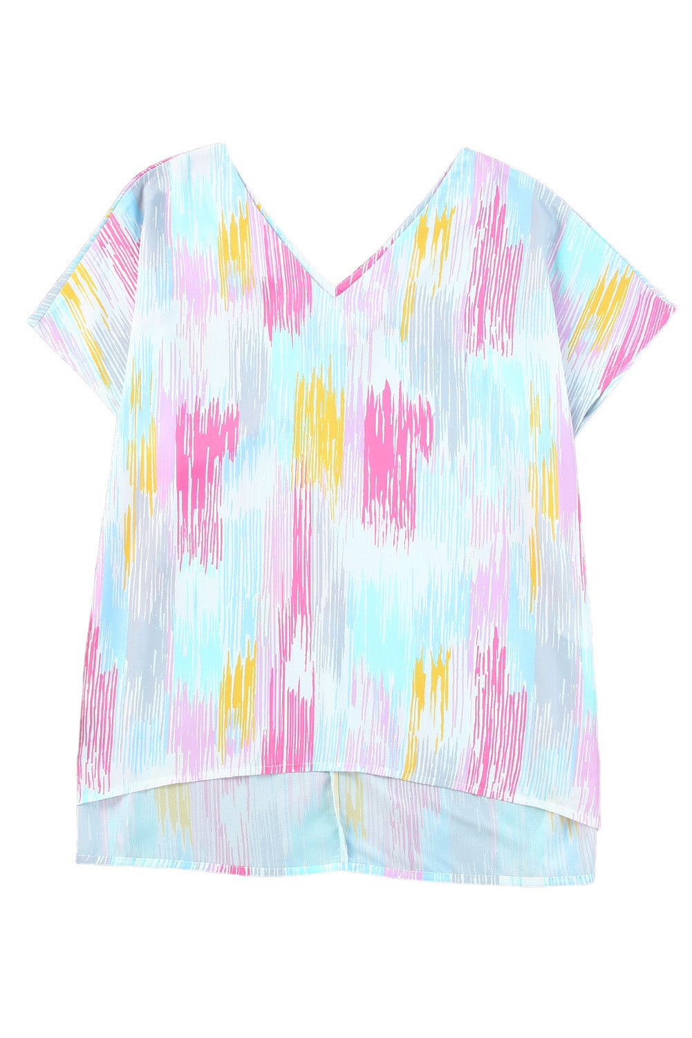 Multicolor Abstract Print V Neck Short Sleeve Dolman BlouseMaterial:100%Polyester



		The
chic blouse has a relaxed fit and dolman sleeves, which create a comfortable
and flattering silhouette
	
	
		The
V-neckline a