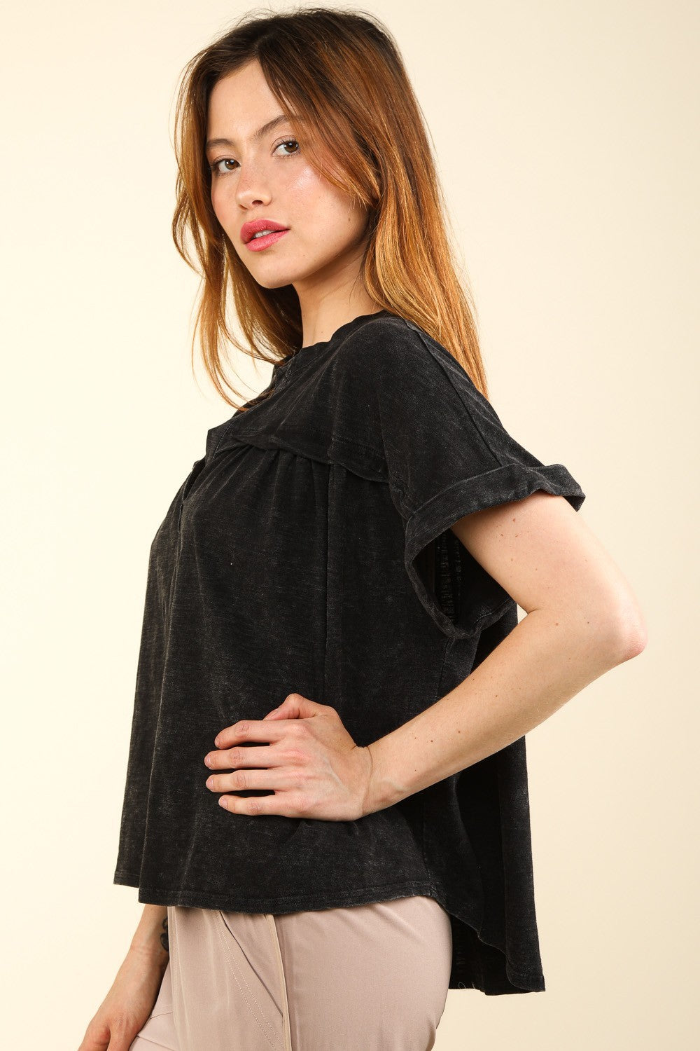 VERY J Nochted Short Sleeve Washed T-ShirtThe Notched Washed Knit Top features a stylish washed knit fabric for a laid-back yet trendy look. The short folded sleeves add a casual touch to the top, perfect fo